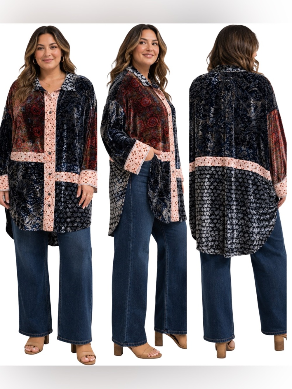 We The Free Velvet Patchwork Open Cardigan in Black & Pink